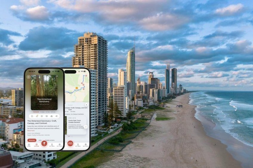 A coastal cityscape with high-rise buildings, a beach, and a smartphone displaying a map and information about a local attraction. 1