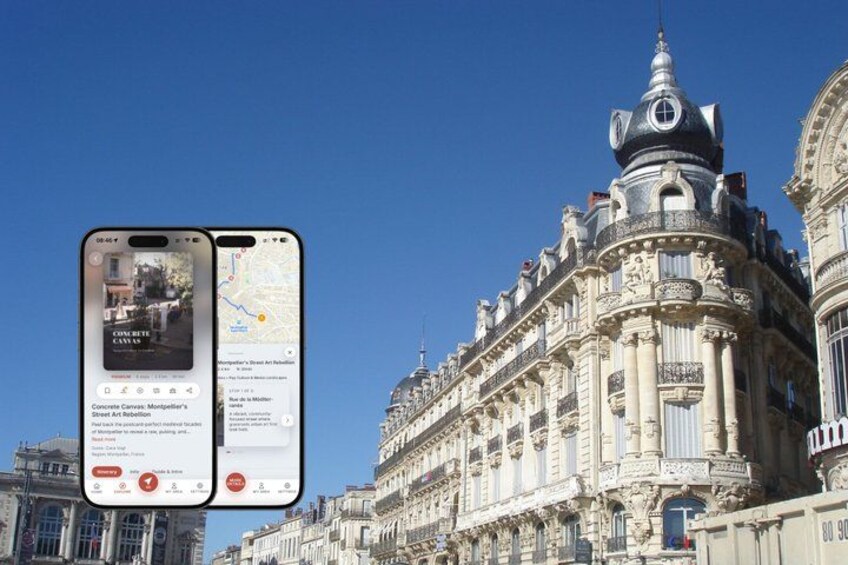 A historic building with ornate architecture, a clear blue sky, and a smartphone displaying a map and a news article. 1