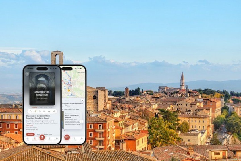 A smartphone displaying a map and a book cover titled 'Shadows of the Condottieri' with a cityscape in the background. 1