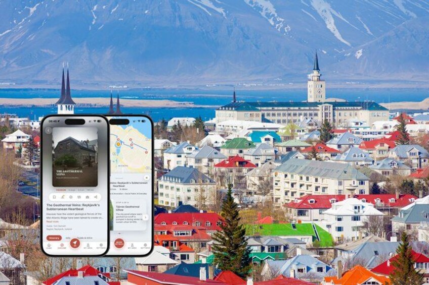 A town with colorful houses, a church, and a mountain in the background. 1
