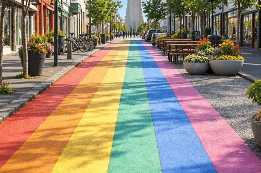 A rainbow-colored bike lane, potted plants, and benches along a city street. 4