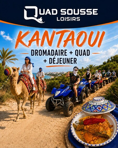 Paisaje desértico con camellos y personas montando cuatrimotos. 1