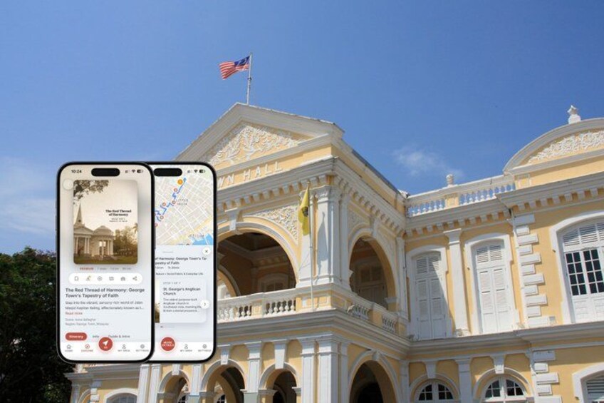 A historic building with a yellow facade and white arches, a flag, and a smartphone displaying a map and information. 1