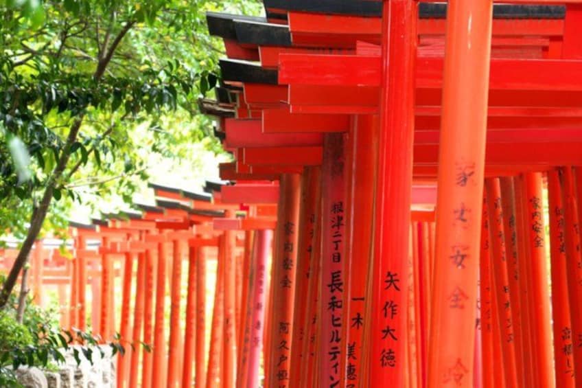 A row of red torii gates with Japanese inscriptions. 4