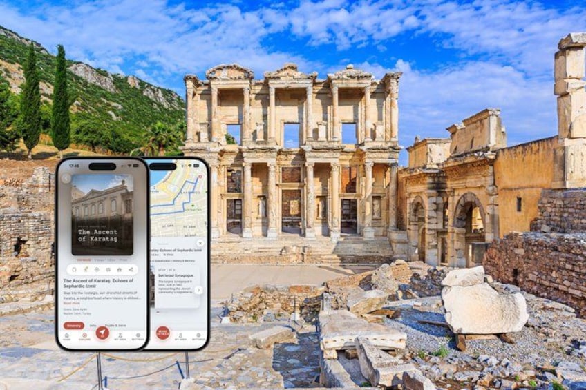 Ancient ruins with a smartphone displaying a map and information about the site. 1