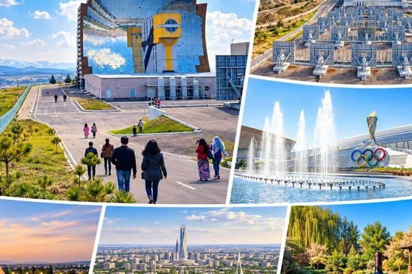 A building with a large mural, a fountain with Olympic rings, a tall skyscraper, and a cityscape with a sunset. 1