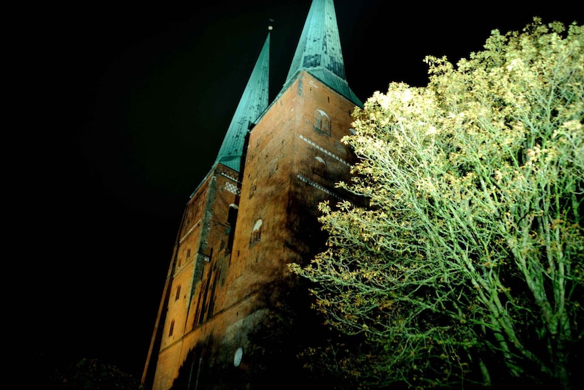 A historic building with two pointed towers at night. 2
