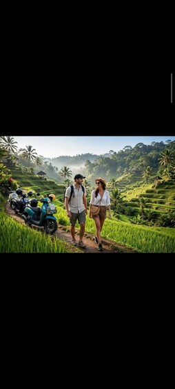A couple walking on a path with a scooter parked nearby, surrounded by lush green fields and palm trees. 1