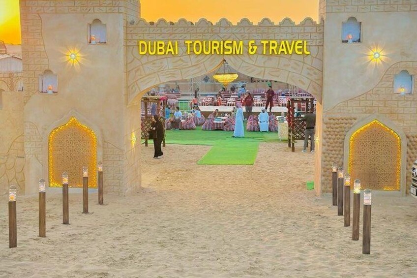 A traditional archway with the text 'DUBAI TOURISM & TRAVEL' in the center. 5