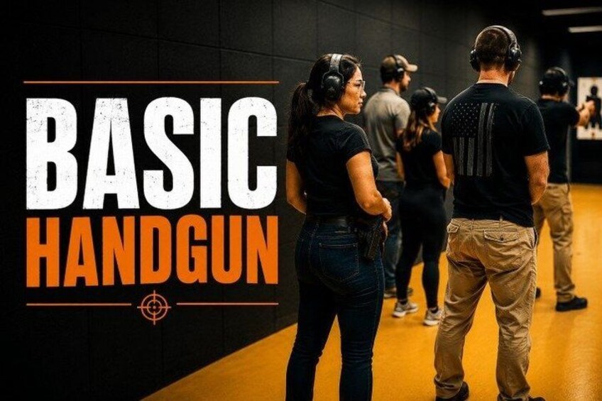 A group of people in a shooting range, with a sign reading 'BASIC HANDGUN'. 1