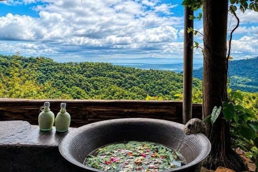 A rustic outdoor setting with a stone basin filled with water and flowers, surrounded by greenery and a wooden railing. 1