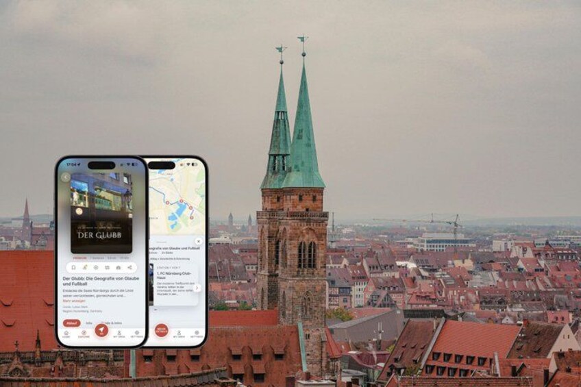 A smartphone displaying a map and a historic church tower. 1