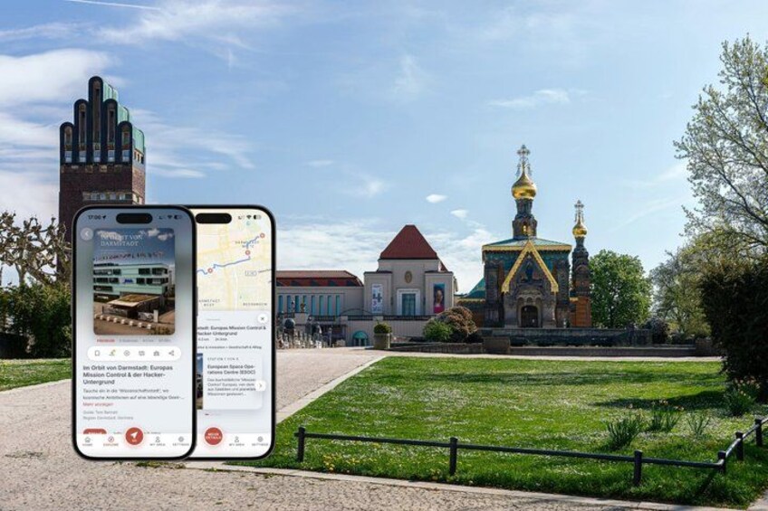 A smartphone displaying a map with a church and a building in the background. 1