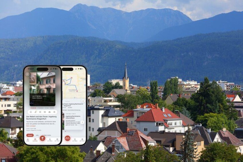 A smartphone displaying a map with a town and mountains in the background. 1