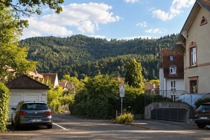 A residential street with parked cars, houses, and a forested hill in the background. 2