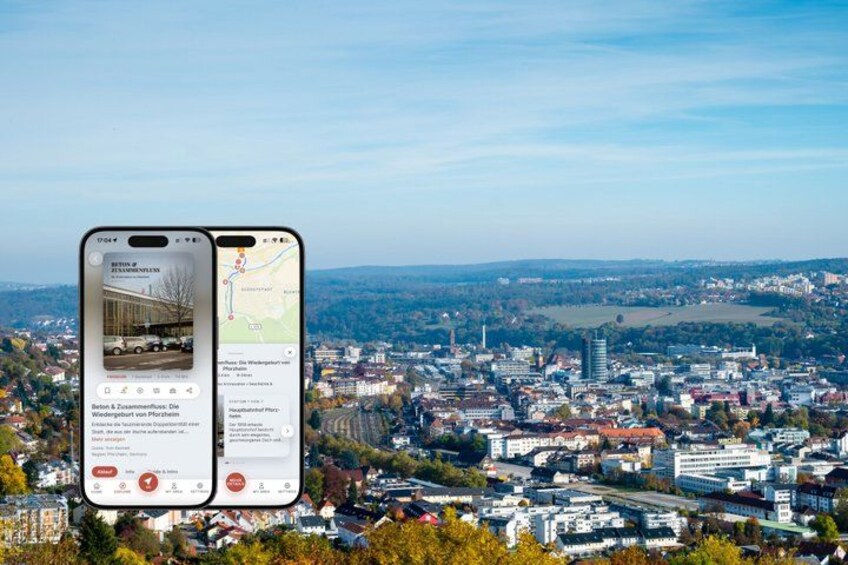 A smartphone displaying a cityscape with a bridge and buildings. 1