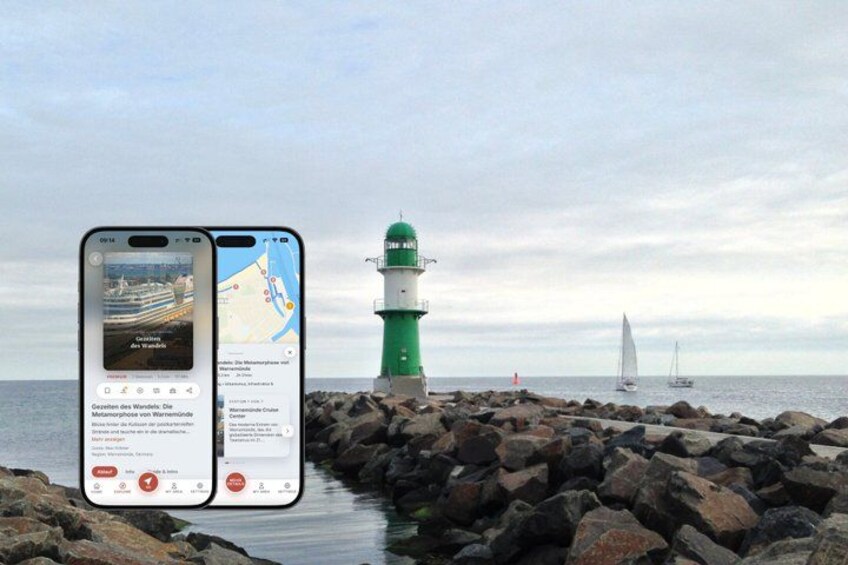 A smartphone displaying a map with a lighthouse and sailboats in the background. 1