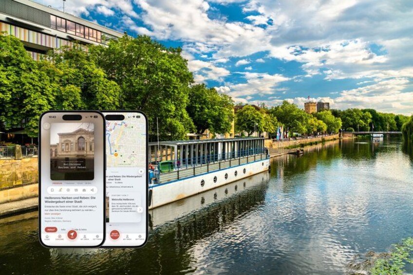 A river with a boat, a smartphone displaying a map, and a historic building in the background. 1