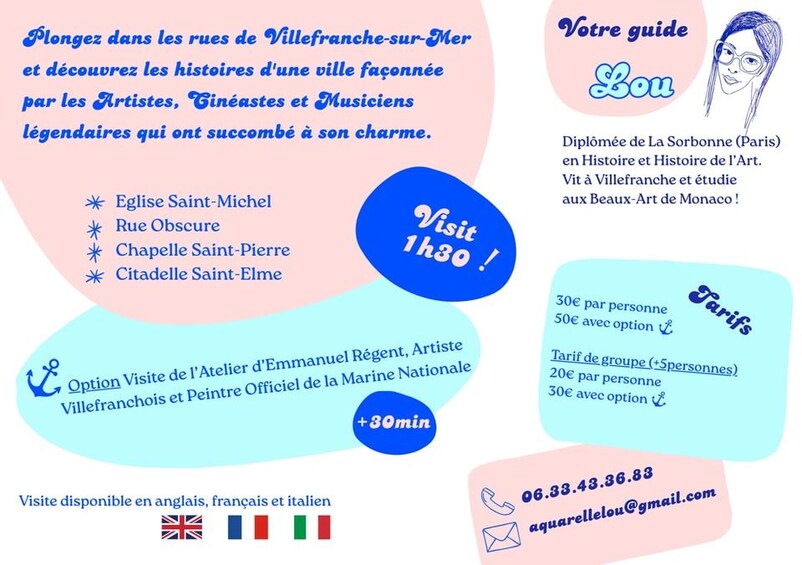 A travel guide for Villefranche-sur-Mer, highlighting historical sites like the Church of Saint-Michel and Chapelle Saint-Pierre. It mentions a 1-hour visit option and includes contact information for further inquiries. 1