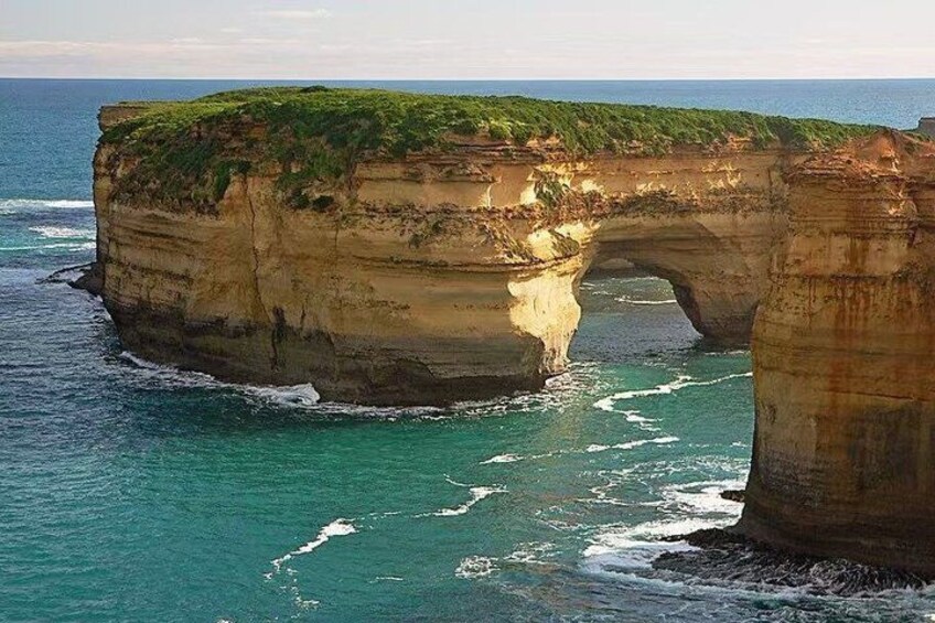 A coastal rock formation with a natural arch and a grassy top. 1