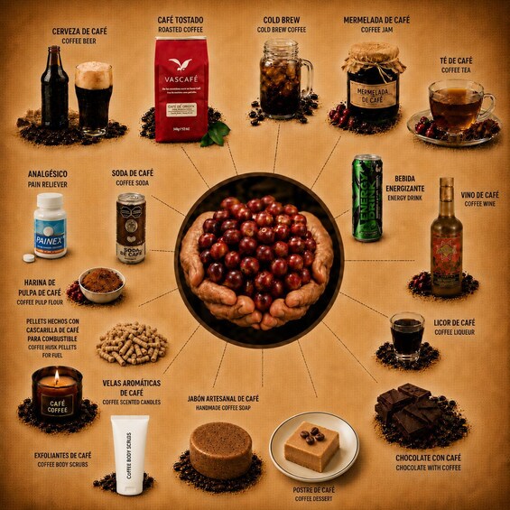 A variety of coffee-related products and beverages arranged around a central image of hands holding coffee beans. 2