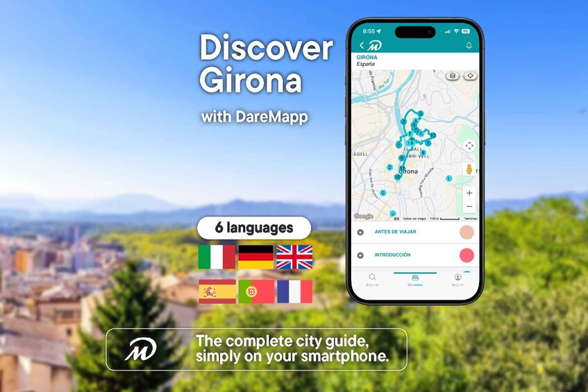 Ein Smartphone zeigt eine Karte mit Städtenamen und Routen, eingebettet in eine reizvolle Landschaft. 1