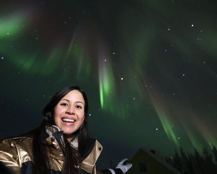 A person with a gold jacket pointing at the sky, with green aurora borealis in the background. 4