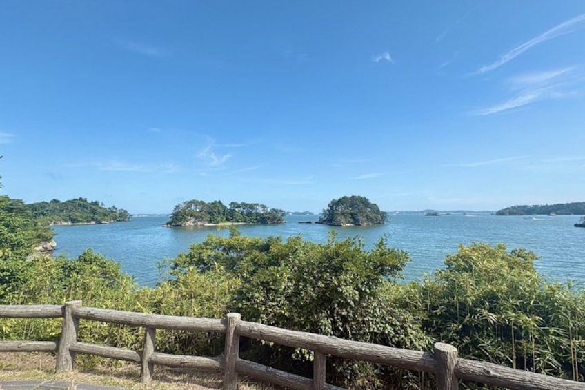 A calm lake with several small islands, surrounded by dense greenery and a wooden fence in the foreground. 5