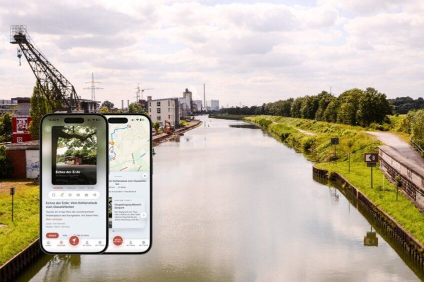 A river with a bridge, a crane, and a smartphone displaying a map. 1