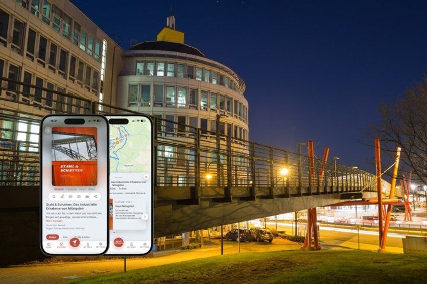 A nighttime cityscape with a bridge, illuminated buildings, and a smartphone displaying a map. 1