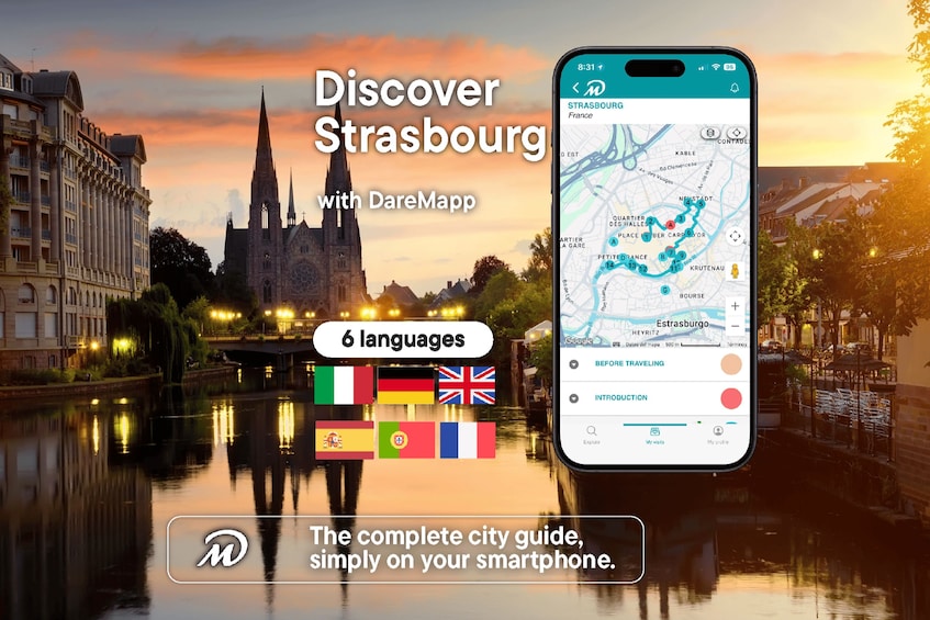 A smartphone displaying a map of Strasbourg, France, with a city guide interface. 1