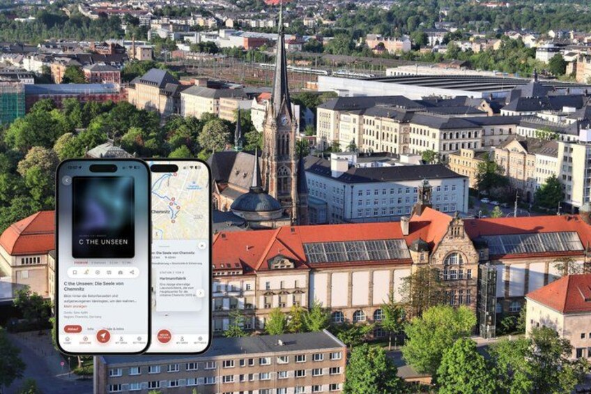 A cityscape with a prominent church spire, historic buildings, and a smartphone displaying a map. 1