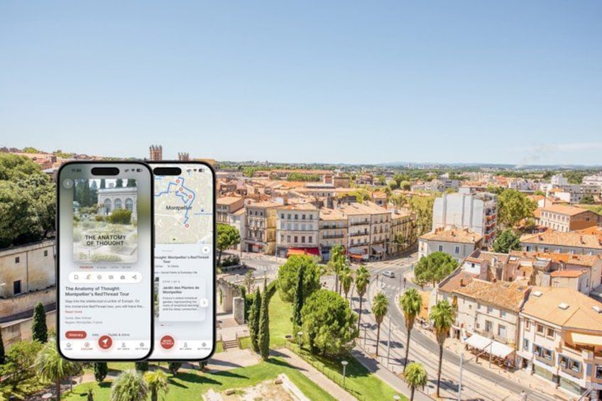 A smartphone displaying a map with a cityscape in the background. 1