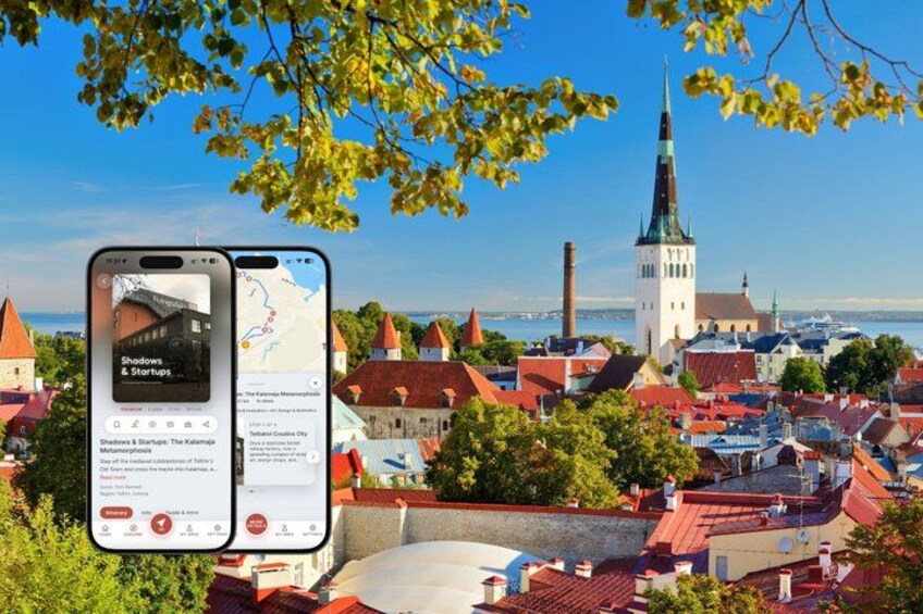 A smartphone displaying a map and a view of a town with red-roofed buildings and a prominent church tower. 1