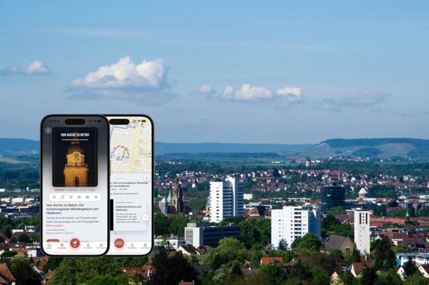 A smartphone displaying a map and a photo of a building with a clock tower. 1