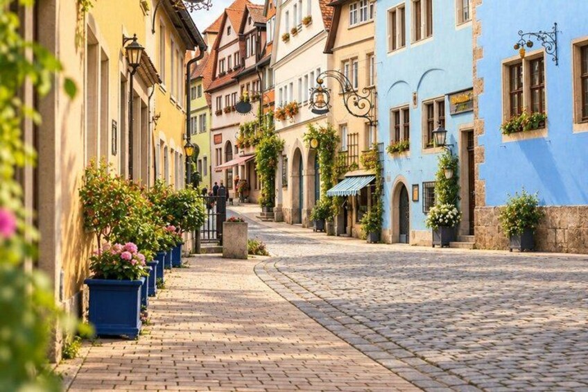 A cobblestone street lined with colorful buildings, flower boxes, and hanging plants. 5