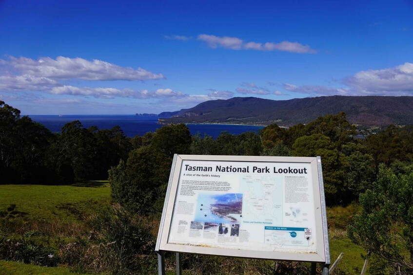 A Tasman National Park lookout with a signboard, a grassy field, trees, and a view of the ocean and distant mountains. 4