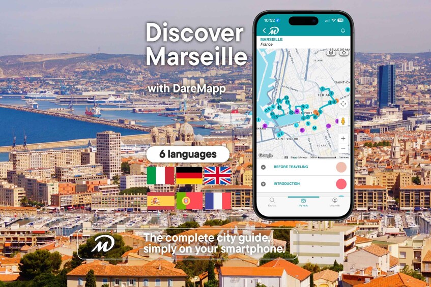 A smartphone displaying a map of Marseille with various points of interest marked, alongside a scenic view of the city. 1