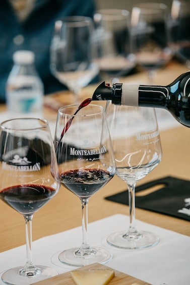 Eine Weinflasche gießt roten Wein in ein Glas mit der Aufschrift 'Monteabellón' bei einer Verkostung. 3