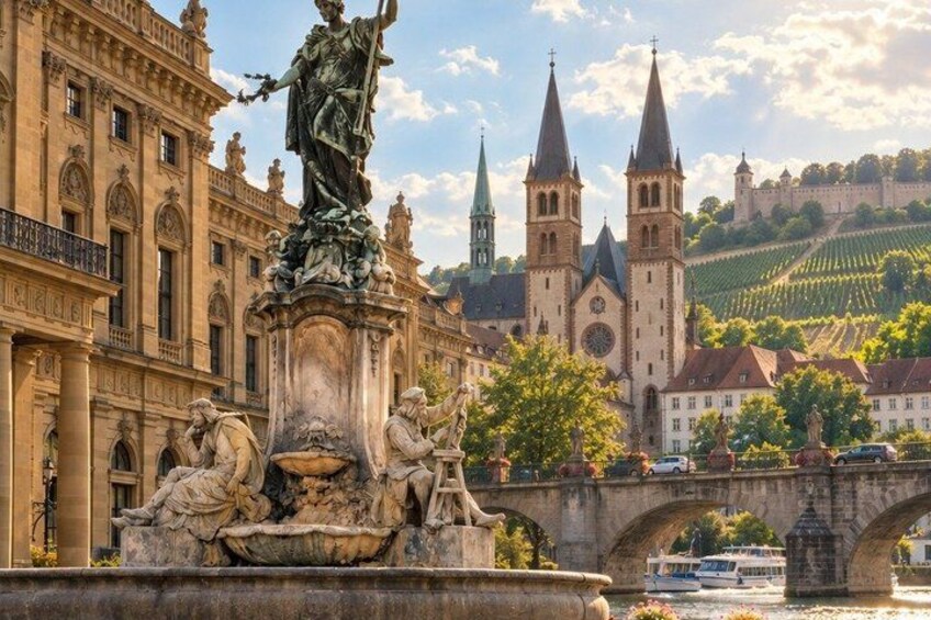 A historic fountain with statues, a bridge, and a church with twin spires in the background. 4