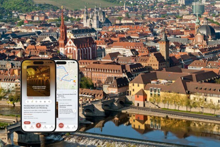 A smartphone displaying a map and a scenic view of a city with historic architecture and a river. 1