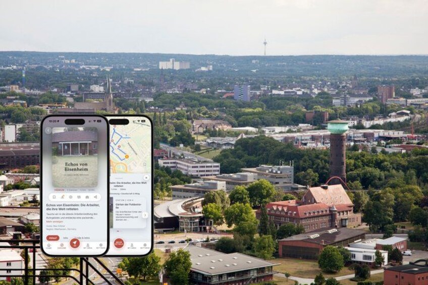 A smartphone displaying a map with a cityscape in the background. 1