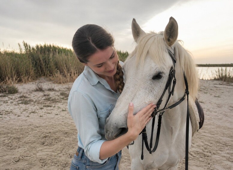 Una persona con un caballo en una playa arenosa, con vegetación al fondo. 5