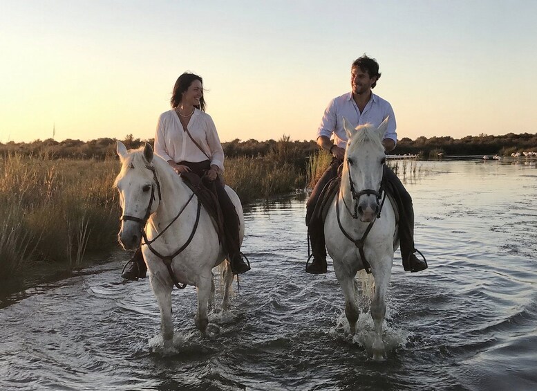 Dos personas montando caballos blancos a través de aguas poco profundas cerca de un cuerpo de agua con juncos y una puesta de sol al fondo. 1