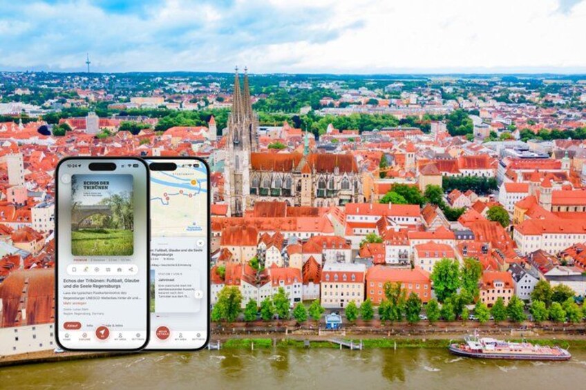 A smartphone displaying a map and a scenic view of a city with red-roofed buildings and a prominent church tower. 1