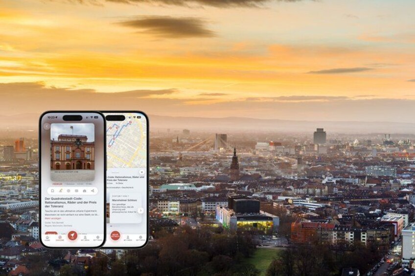 A cityscape at sunset with two smartphones displaying a map and a building image. 1