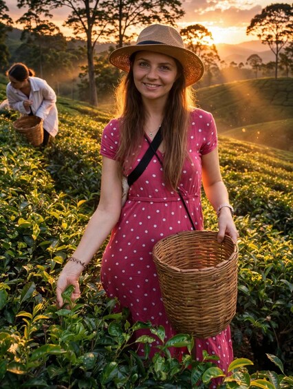 A person in a polka dot dress holding a basket in a tea plantation with a sunset in the background. 1