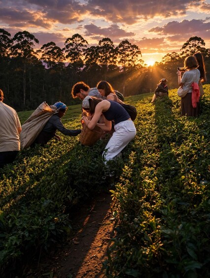 A group of people harvesting crops in a field during sunset. 2