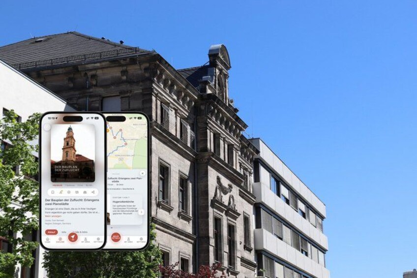 A historic building with classical architecture, a smartphone displaying a map and information, and a clear blue sky. 1