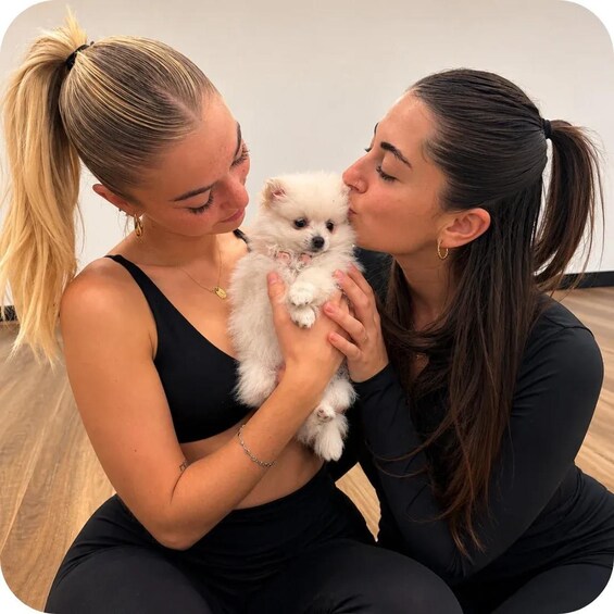 Two people holding a small white dog. 2